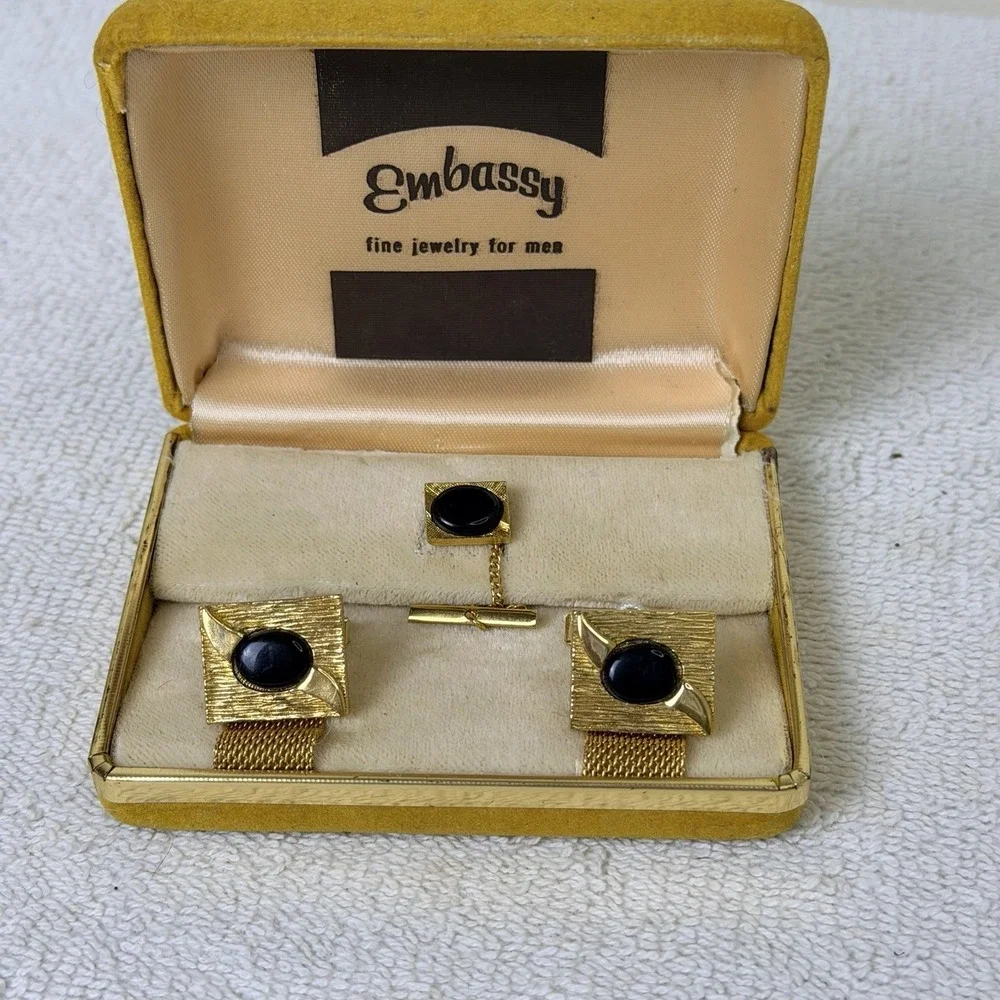 Embassy Men Gold Tone Cufflinks and Tie Tac Set in Original Box Formal Church